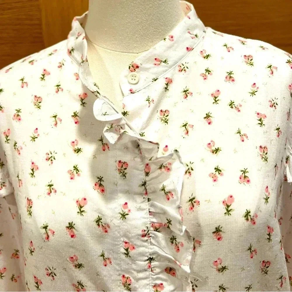 MABLE womens size S white/pink floral ruffled button down long sleeve cotton